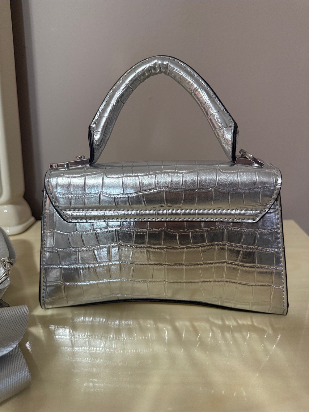 Aldo Silver Croc-Embossed Mini Top Handle Bag - Picture 2 of 4